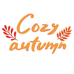 Handwritten lettering. Cozy Autumn. Autumn elements. Nuts