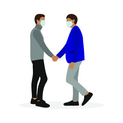 Two male characters in medical masks shake hands on a white background