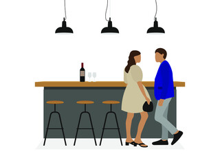 Male character and female character in elegant clothes at the bar