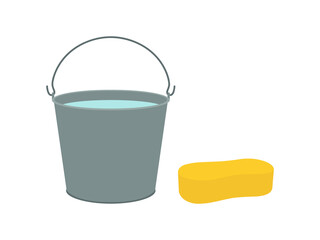 Bucket with water and sponge on white background - obrazy, fototapety, plakaty