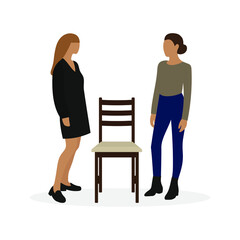 Two female characters are standing near one free chair on a white background