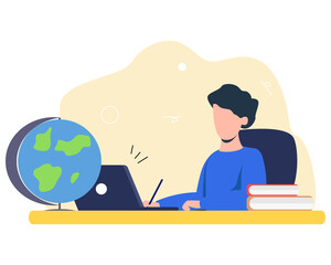 A student learns lessons at the table. The boy does his homework, online training. Vector illustration