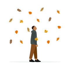 Male character standing and looking at falling autumn leaves on white background