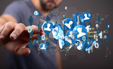 holding 3D rendering group of blue people