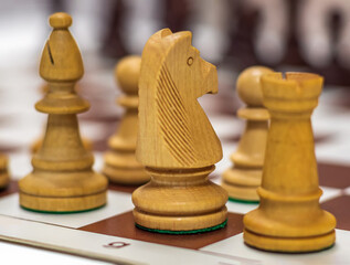 Wood white chess pieces standing on the chess board. Chess knight, bishop and rook. Close-up. Selective focus. © vadim