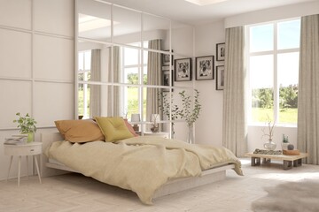 Stylish bedroom in white color with summer landscape in window. Scandinavian interior design. 3D illustration