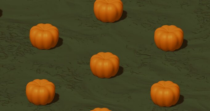 3d render with yellow pumpkins on a green background