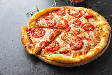 pizza margarita tomato, cheese, mozzarella, tomato sauce, dough Italian food fresh vegetarian food fast food ready to eat meal snack on the table copy space food background 