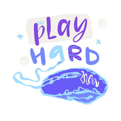 Vector illustration with computer mouse and text play hard. Print design for poster, postcard, textile. Hand drawing, lettering.