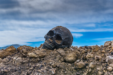 Aerial Post Woolsey Fire California Burnt Landscape, Buried fake human skull