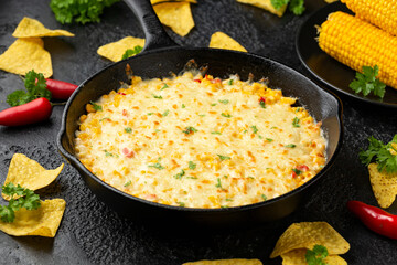 Korean Corn Cheese in cast iron skillet frying pan