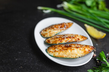 mussels baked cream cheese sauce seafood meal snack on the table copy space food background rustic top view vegetarian food pescetarian diet