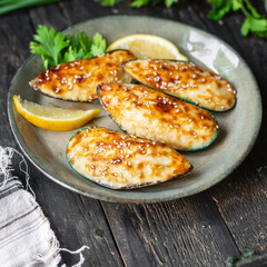 mussels baked cream cheese sauce seafood meal snack on the table copy space food background rustic top view vegetarian food pescetarian diet