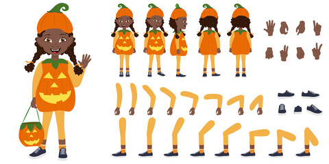 Flat Vector Illustration of Cute African American Kid Girl Wearing a Pumpkin Halloween Costume, Cartoon Character Set For Animation, Various Views, Poses and Gestures