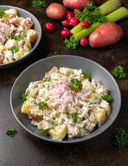 Potato salad with celery, green onion, radish, dill and eggs
