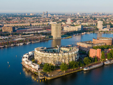 Aerial view of KNSM island and Emerald Empire building in Amsterdam