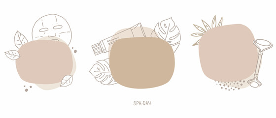 Set of vector hand-drawn illustrations. Abstract shapes in pastel color,  linear drawing. Space for text, template, frame. Sheet mask, cream packaging, jade facial massager. Skincare, beauty routine © PapaRecipe