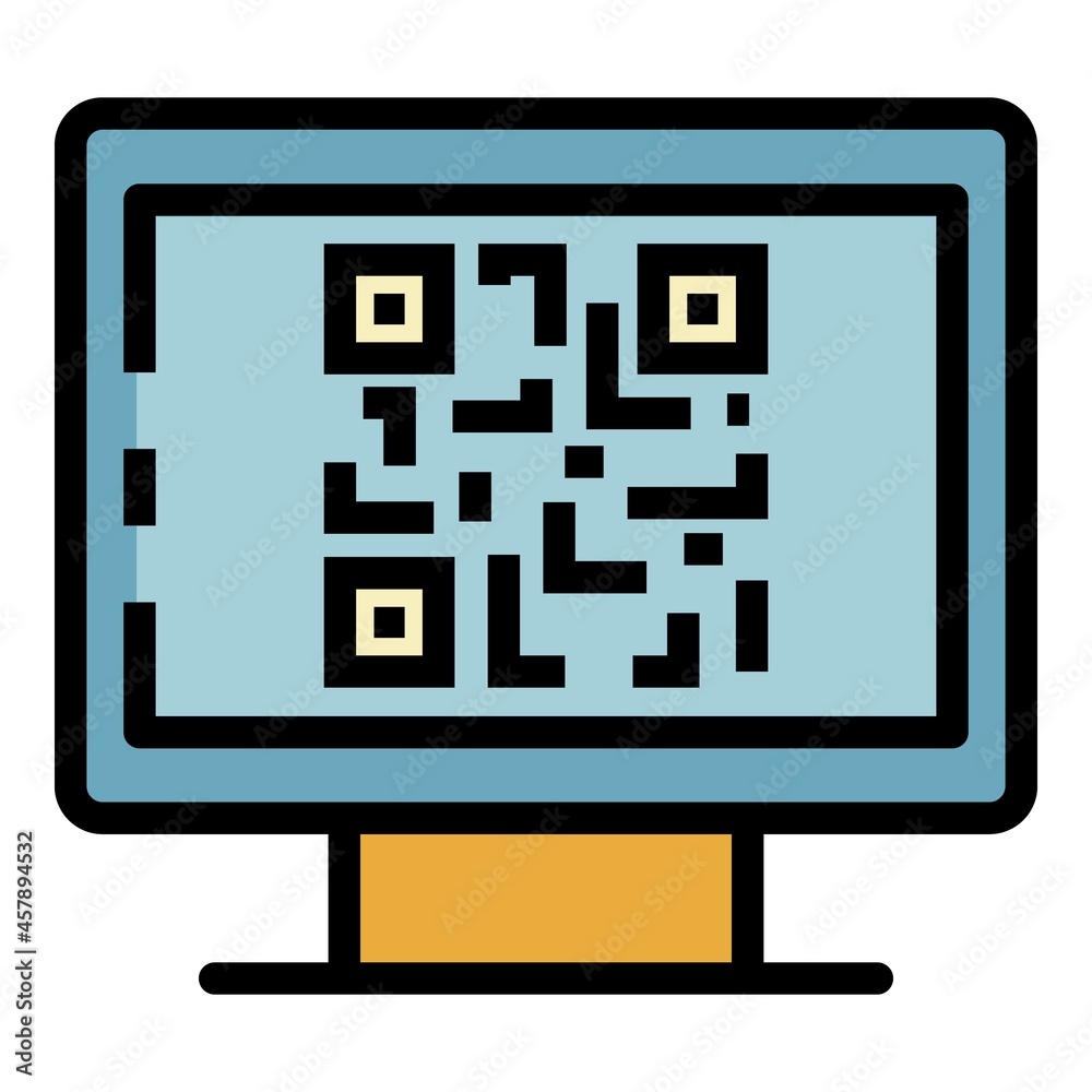Poster qr code on the monitor icon. outline qr code on the monitor vector icon color flat isolated