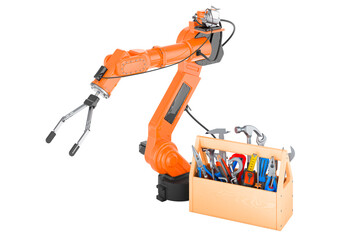 Robotic arm with toolbox. Service and repair of mechanical robotic arm, 3D rendering