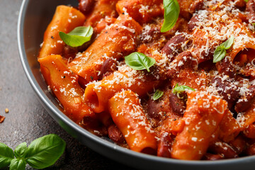 Traditional Italian Pasta e fagioli with bean, tomato and parmesan cheese