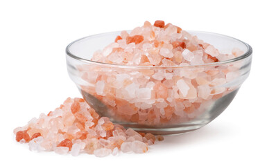 Fototapeta na wymiar Himalayan pink salt in a transparent plate on a white background. Isolated