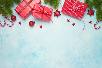 Christmas holiday background  with gift boxes and decorations. New Year greeting card  mock up. Top view with copy space