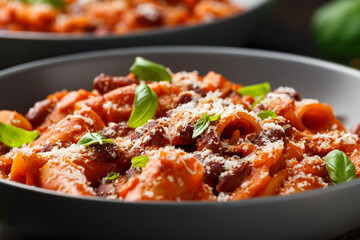 Traditional Italian Pasta e fagioli with bean, tomato and parmesan cheese