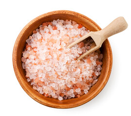 Himalayan pink salt in a wooden plate on a white background, isolated. Top view - obrazy, fototapety, plakaty