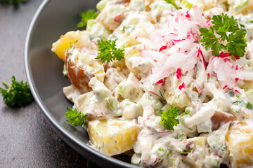 Potato salad with celery, green onion, radish, dill and eggs