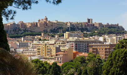 Obraz premium Skyline of Cagliari, Italy, seen from the Bonaria park, with Castello historic district on top