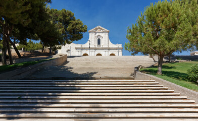 Imposing staircase leading to the basilica and the shrine of Our Lady of Bonaria in Cagliari, Italy