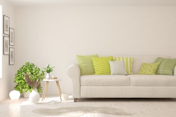 White living room with sofa. Scandinavian interior design. 3D illustration