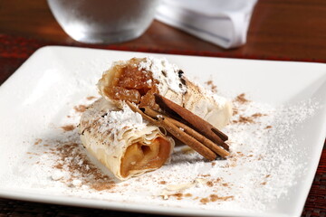 apple strudel on a plate with icing sugar