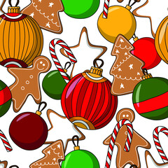 seamless vector pattern for merry christmas and happy new year with ginger cookies and Christmas balls - 457896553