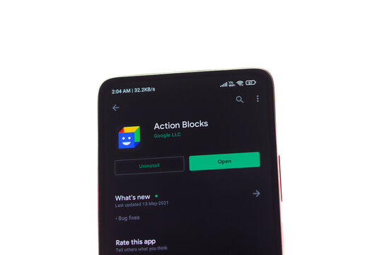 West Bangal, India - August 21, 2021 : Google Action Blocks logo on phone screen stock image.