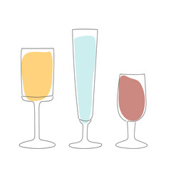 three glasses of different shapes are drawn in a doodle style with one solid line against a background of blue pink and orange spots on a white background