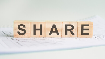 share is written on light wooden blocks. the word is located on a sheet with charts and graphs