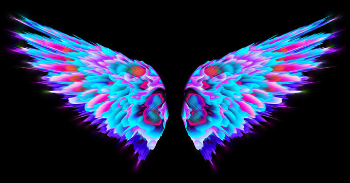 Colourful Abstract Neon Angel Wings Isolated on Black Background