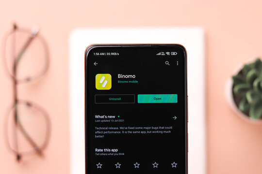 Assam, india - July 28, 2020 : Binomo a easy online stock trading app.