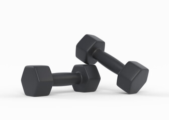 Two black fitness dumbbells isolated on a white background. Front view. Gym and fitness workouts concept. Sport equipment. Workout tools. 3D render illustration