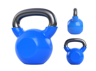 Naklejka na ściany i meble Blue metal kettlebell isolated on white background. View from all sides. Gym and fitness workouts concept. Sport equipment. Workout tools. 3D render illustration