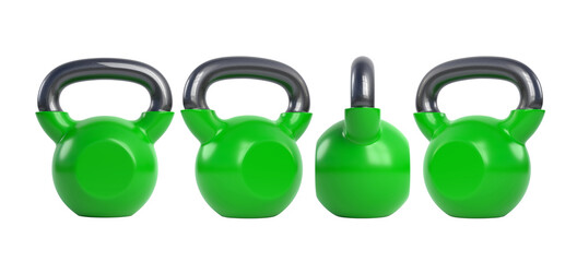 Naklejka na ściany i meble Green metal kettlebell isolated on white background. View from all sides. Gym and fitness workouts concept. Sport equipment. Workout tools. 3D render illustration