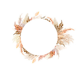 Pampas grass wreath painted in watercolor. Boho floral neutral colors circle frame. Botanical boho design isolated on white. Bohemian style wedding invitation, greeting, card, stickers, scrapbooking