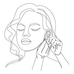 Silhouette of a lady. A woman wears an earring in a modern style with one solid line and leaves. Sketches for decor, posters, stickers, logo. Vector illustration.