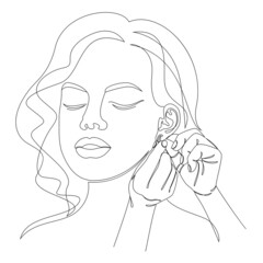 Silhouette of a lady. A woman wears an earring in a modern style with one solid line and leaves. Sketches for decor, posters, stickers, logo. Vector illustration.