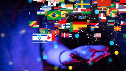 Connection lines Around map with all country flags, Futuristic Technology
