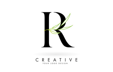 Elegant R letter logo design with long leaves branch vector illustration. Creative icon with letter E and natural elements.