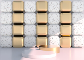 Minimal scene with geometrical forms, podiums in cream background with shadows. Scene to show cosmetic product, Showcase, shopfront, display case. 3d