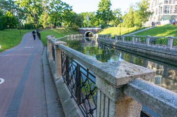 KALININGRAD, Koenigsberg , RUSSIA. Beautiful cityscape of Kaliningrad central park. Upper pond view.