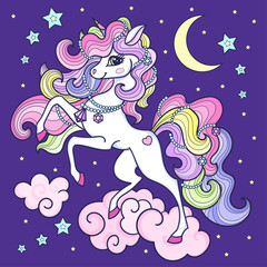 White unicorn with long mane in the sky on a cloud. Beautiful fantasy animal. For the design of prints. posters, stickers. postcards, etc. Vector